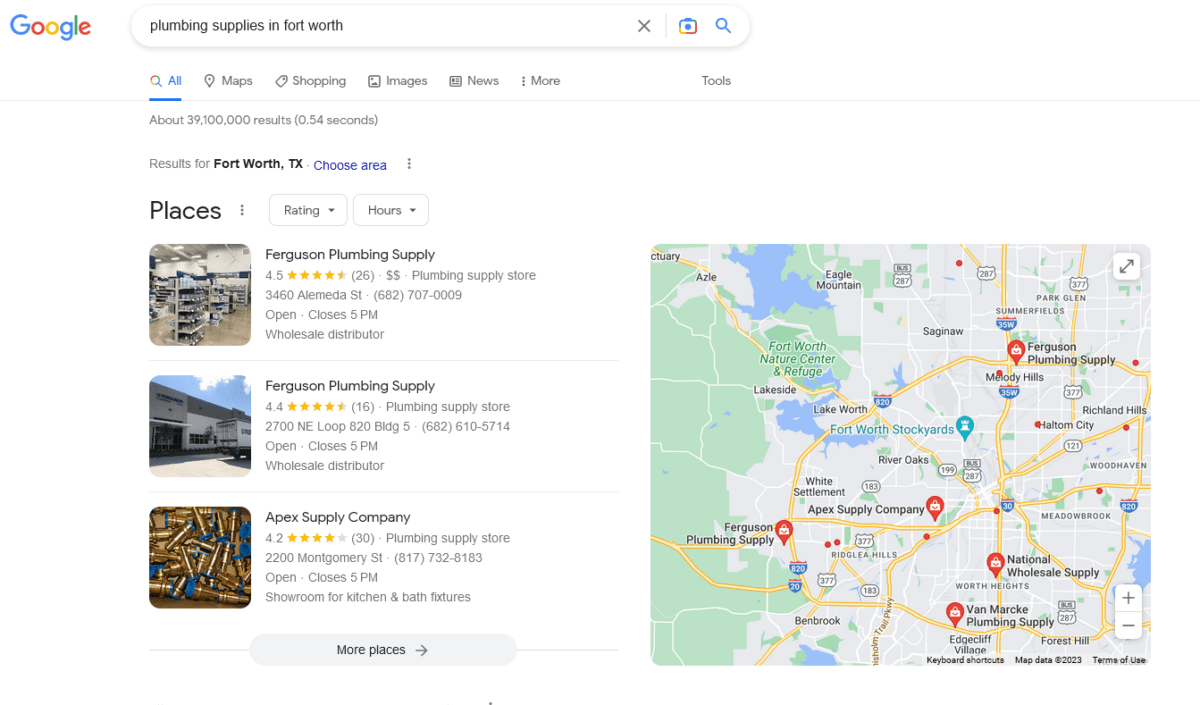 Google 3-Pack Map Pack results for local Fort Worth plumbing supply search.