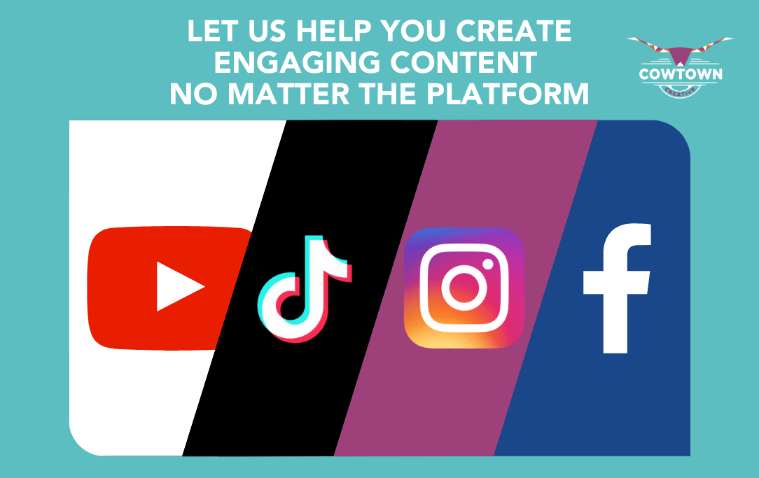 An image of four social media video marketing channel logos or icons with the title, "Let us help you create engaging content no matter the platform."